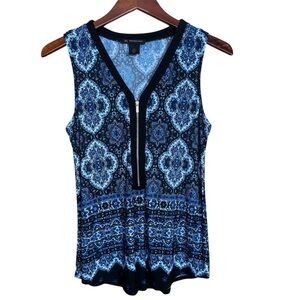 INC International Concepts Blue Printed Sleeveless Zip V-Neck Tank